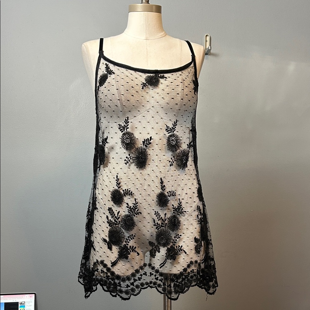 Vintage Trelise Cooper black lace embroidered mesh lingerie with open back tie